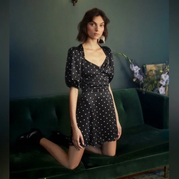 Reformation 2 Lane Silk Polka Dot Wrap Style Mini Dress - Picture 5 of 13
